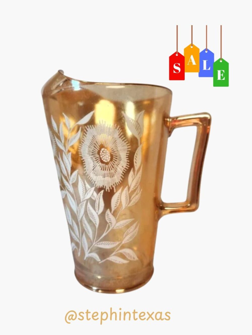 Vintage 1940s Jeanette Glass Cosmos Water Tea Pitcher Gold Carnival Glass